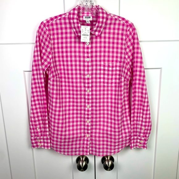 NWT J Crew Factory Button Front Blouse Pink Gingham Petite Medium PM - Picture 1 of 8
